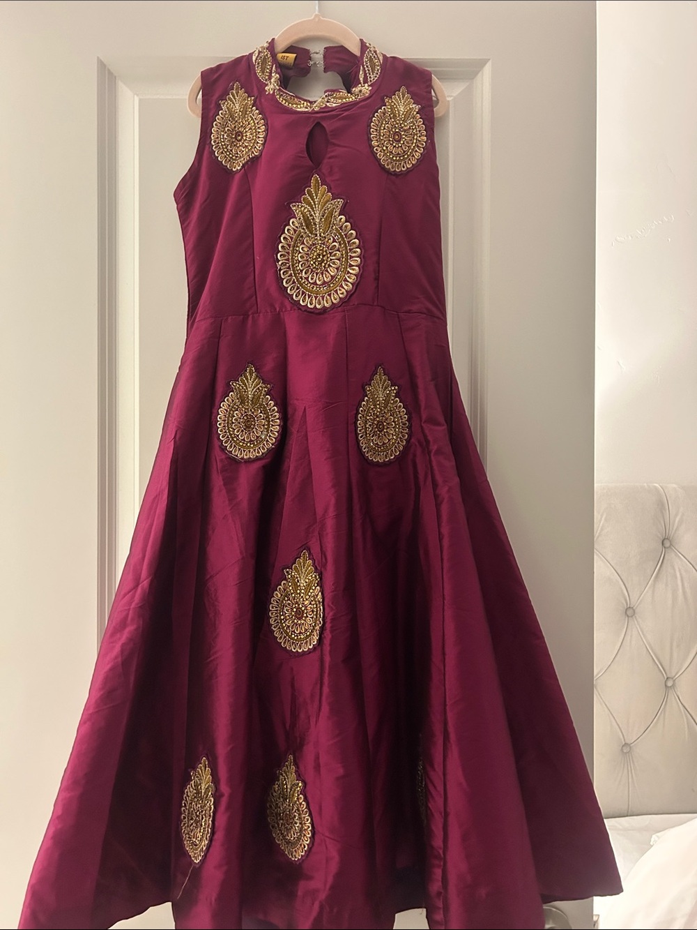 Girls Deep Magenta Embroidered Party Dress